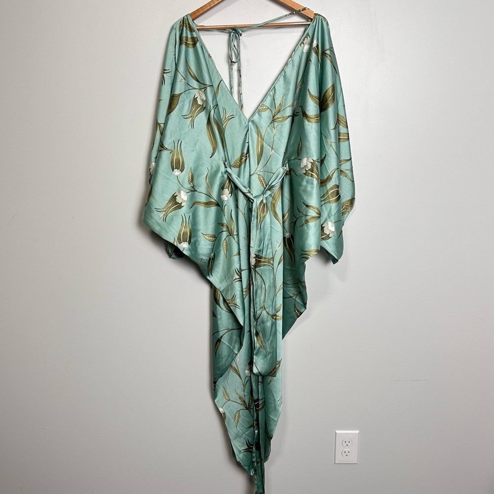 By Anthropologie Satin Tie Front Belted Floral Maxi Dress Caftan - Picture 9 of 12